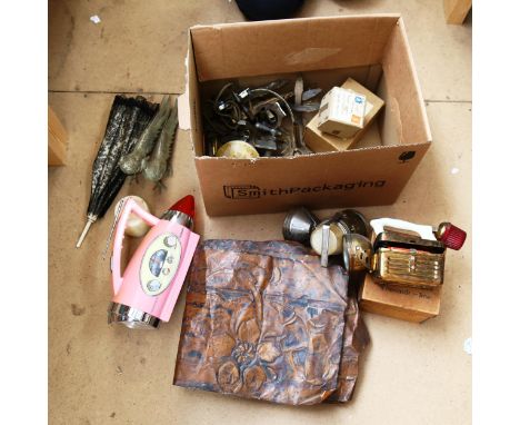 Various collectables, including Pifco lantern, pair of silver plated table pheasants, wing light, floral embossed copper pane