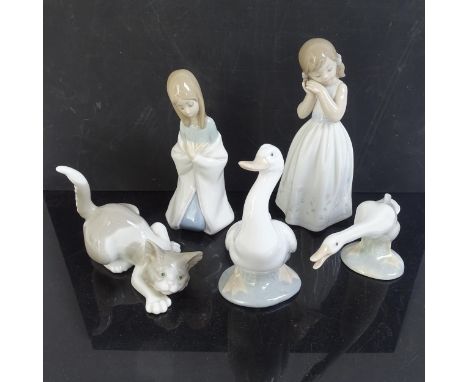 2 boxed Lladro girls, a Lladro cat and goose, and a NAO duck