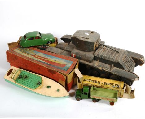 Various Vintage toys, including Hornby Meccano speedboat no. 2 Swift, Chad Valley remote control car, model tank etc (4) 