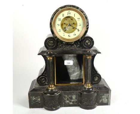 A large early 20th century black slate and marble architectural 8-day mantel clock, with drum movement and mercury pendulum, 