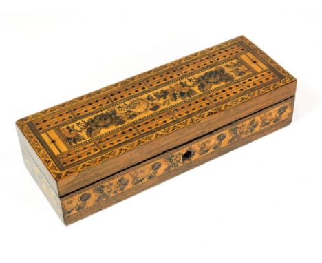 TUNBRIDGE WARE. A Tunbridge ware playing cards box with cribbage board lid. 25.5x9x5.5cm.  Please note that all items in this