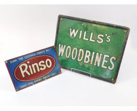 ENAMELLED SIGNS. Two vintage enamelled signs, Wills's Woodbines & Rinso. 36 x 46cm & 20 x 30cm.  Please note that all items i