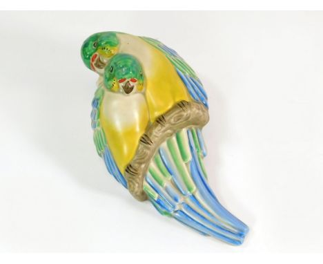 CLARICE CLIFF. A Clarice Cliff moulded wall pocket in the form of a pair of budgerigars. Length 20cm.  Please note that all i