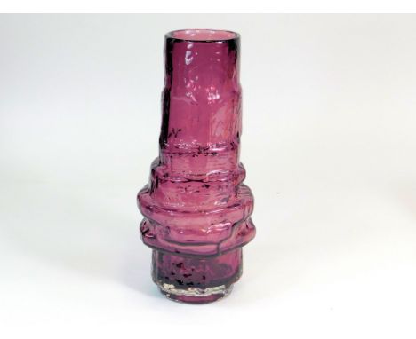 WHITEFRIARS GLASS. A Geoffrey Baxter Whitefriars aubergine glass 'Hoop' vase, No.9680. Height 28cm.  Please note that all ite