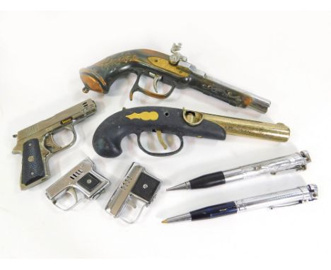 NOVELTY PISTOL LIGHTERS ETC. Five novelty pistol table & pocket lighters & two biro pen lighters. Note: all lighters are used