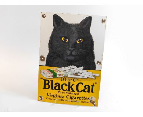 ENAMEL SIGN. A reproduction enamelled metal advertising sign for Black Cat Cigarettes. 51 x 35.5cm.  Please note that all ite