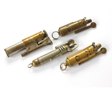 TRENCH LIGHTERS ETC. Three 'trench' lighters: two stamped L'aquilon, Paris & Imco Austria. Also, one other 'trench art' type 