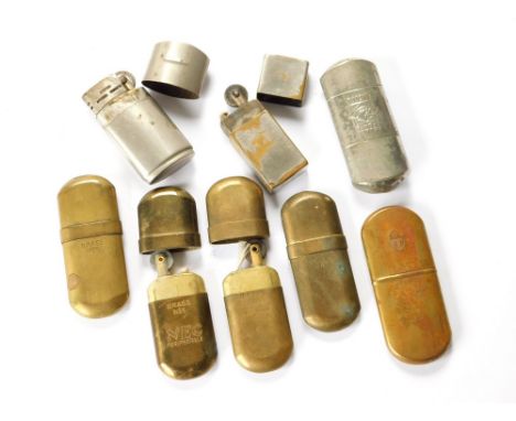 BRASS No.5 LIGHTERS ETC. Eight lightweight, slim pocket lighters: four Brass No.5; a Karl Wiener Double Sports; a Cyclone; a 