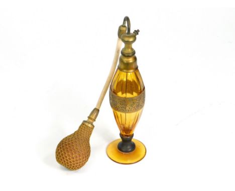 MOSER GLASS. A Moser, gilt metal mounted amber glass scent bottle with a central band of warriors. Original bulb. Engraved si