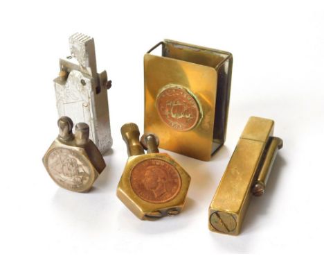 WWII NOVELTY LIGHTERS. Two WWII halfpenny coin lighters, 1941 & 1944; an engraved aluminium lighter marked 'I.P.O.W. 1946', o