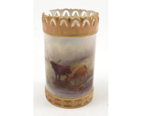 A Royal Worcester cylindrical vase, decorated with Highland cattle by H Stinton, to a pierced neck, shape number 689, height 