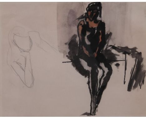 Josef Herman, pen and ink wash on paper, of a ballet dancer resting, with pencil sketch to side, 6.25ins x 8ins (D)