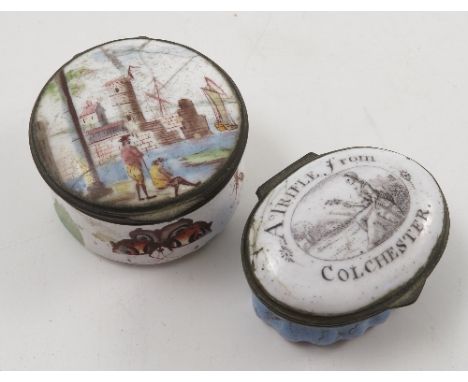 A late 18th century early 19th century Bilston enamel patch box, of oval form, the lid decorated with A Trifle from Colcheste