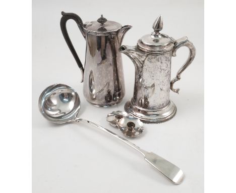 A group of silver plated items, to include a pair of candlesticks, ladle, coffee pots, goblets etc 