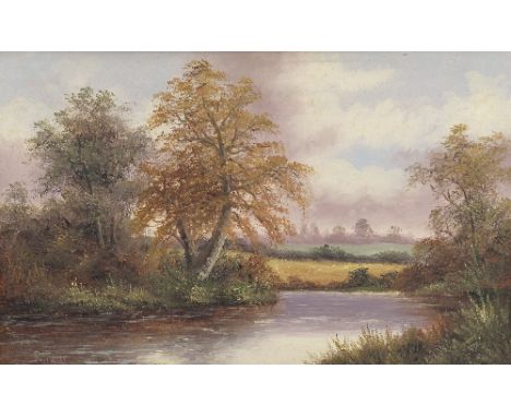 R Hutty, oil on board, rural river scene, 10ins x 15.5ins 