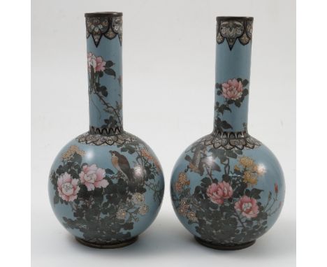 A pair of Japanese cloisonne vases, of bulbous form with slender necks, decorated with flowering foliage, birds and butterfli