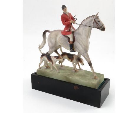 A Royal Worcester model, Huntsman and Hounds by Doris Lindner, model number 3115, on a wooden plinth, af Condition report: ar