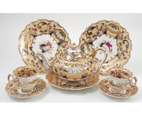 A 19th century English porcelain part service, comprising seventeen tea cups, twenty-one coffee cups, twenty-four saucers, fi