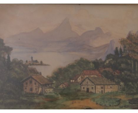 M H Davis, pair of watercolours, Continental landscapes with buildings, water and mountains, 6ins x 7.5ins