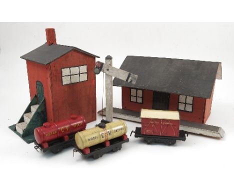 Four tin plate Chad Valley rolling stock coaches, together with some Hornby track, wooden bridge, buildings, Thomas the Tank 