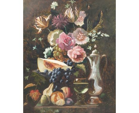 An oil on board, indistinctly signed, still life study of rummer, coffee pot, fruit and flowers in the Old Master style, 23.5