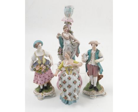Four Continental figures, to include a figure group candlestick, man holding sheep, a woman with basket of flowers, and a lad