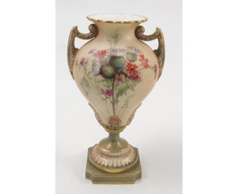 A Royal Worcester blush ivory two handled vase, decorated with thistles and floral sprays, shape number 1959, height 6ins
 Co