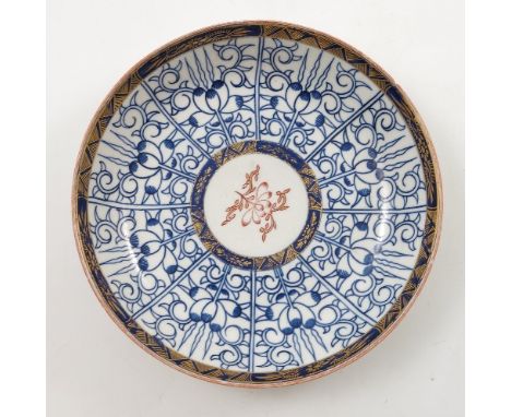 A late 18th century Caughley circular dish, decorated with the Royal Lily pattern, s mark to base, diameter 8.5ins Condition 