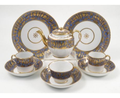 A 19th century English porcelain part tea service, comprising thirteen cups, ten coffee cans, ten saucers, two cake plates, t