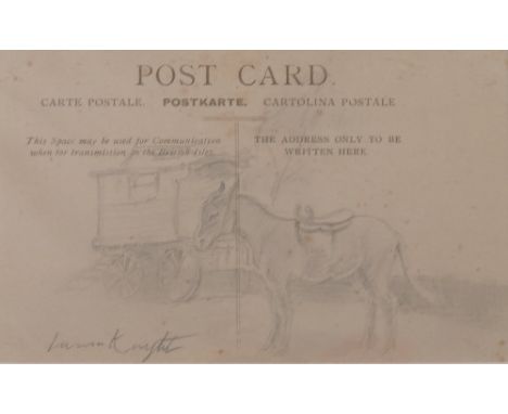 Laura Knight, pencil sketch, of donkey and gypsy caravan on postcard, the reverse of postcard with Priory Church from Swan Po