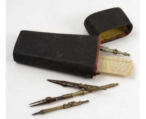 A 19th century travelling shagreen covered drawing set, in etui style case, fitted with brass instruments, ivory ruler, marke