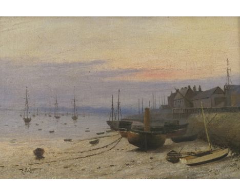 R B Lodge, oil on board, harbour scene with beached vessels and buildings beyond, 8.5ins x 12.5ins 