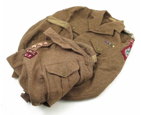 A Royal Army Medical Corp Captains uniform, in green, with gilt metal button, the trousers with Moss Bros. label, together wi
