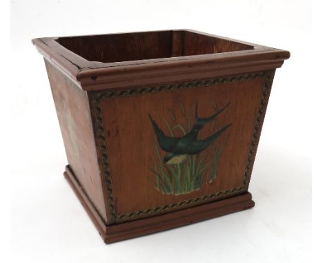 An Edwardian mahogany planter holder, of square tapering form, printed with birds and flowers, height 7ins
