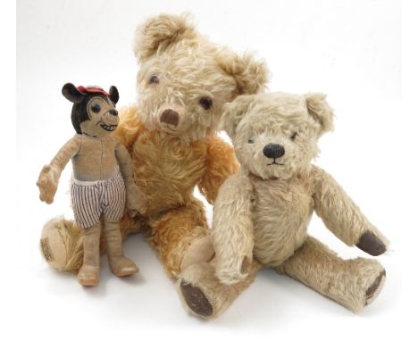 A Merrythoughts gold plush teddy bear, together with a Chad Valley teddy bear, a Deans style Minnie Mouse, a Nora Wellings sa