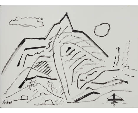 Etel Adnan (Liban, née en 1925)La Montagne encre de Chine sur papier arches, encadrésigné 'Adnan' (en bas à droite)exécuté en