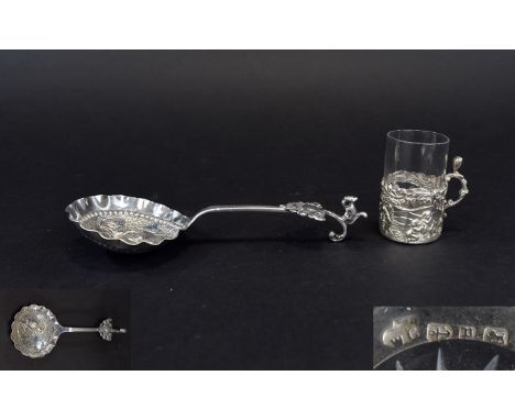 Dutch 19th Century Fine and Ornate Silver Export Caddy Spoon, The Centre of Bowl Decorated with Embossed Figures, Windmill In