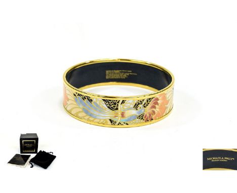 Michaela Frey Enamelled Bangle 'Ava' parrot bangle in intricate nude, peach, coral and pale blue fire enamel with repeated co