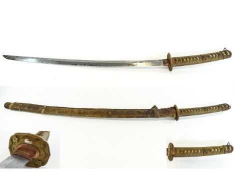 Antique Japanese Samurai Sword with Original Scabbard, Leather Covered Shagreen Handle and Scabbard, Cherry Blossom Design to