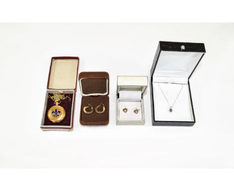 Small Collection Of Jewellery (4) items in total to include 9ct gold heart stud earrings, small creole earrings, fine chain w