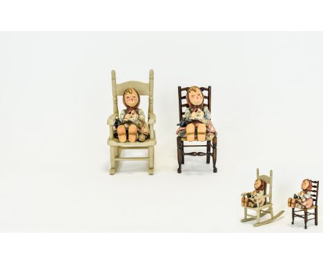 M. J. Hummel Figures ( 2 ) Little Girl Seated on a Large Chair with Black Bird Knitting a Scarf. Each 7.5 Inches High. Excell