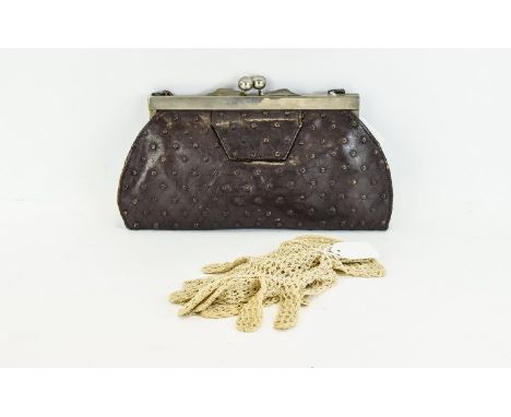 Vintage Textured Leather Handbag Brown leather bag with top clasp fastening and unusual circular button effect textured leath