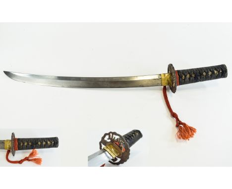Japanese Wakizashi Samurai Companion Short Sword with Cloth and Shagreen Wrapped Handle, Later Period Scabbard. Nice Conditio