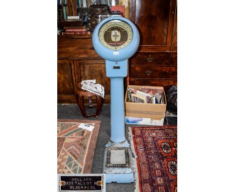 Floor Standing Coin Operated Avery Weighing Scales, Powder Blue Enamelled Cast Iron Frame, 10p Coin Operated Mechanism In Wor