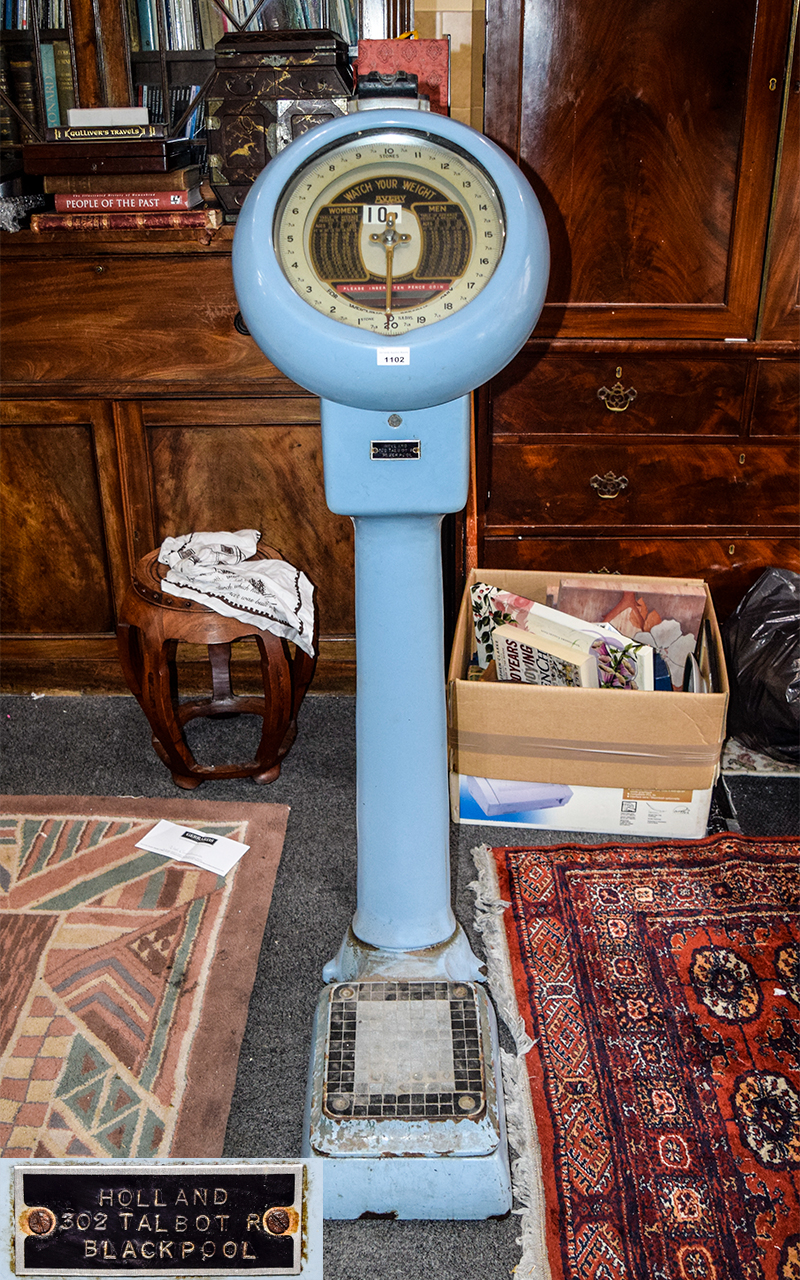 Floor Standing Coin Operated Avery Weighing Scales, Powder Blue Enamelled Cast Iron Frame, 10p Co