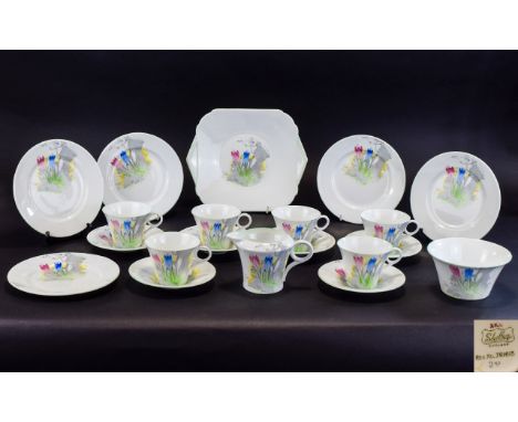 Shelley Art Deco Crocus Pattern Tea Service 21 items in total to include cake plate, teacups and saucers, side plates etc. Pa