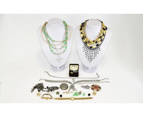 Collection Of Costume Jewellery Comprising Seiko Wristwatch, Brooches, Necklaces, Beads, Earrings, Stick Pin Etc.