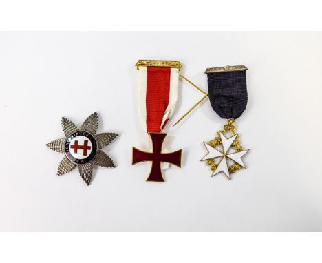 Collection Of Medals and Brooch Three in total to include silver star shaped brooch with enamel cross of Lorraine in red enam