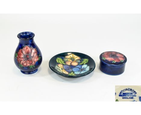 Moorcroft Small Modern Tube lined Items ( 2 ) 1/ M.C.C. Pin Dish, Date 2005, 4.5 Inches Diameter, Red Spot to Base. 2/ Lidded