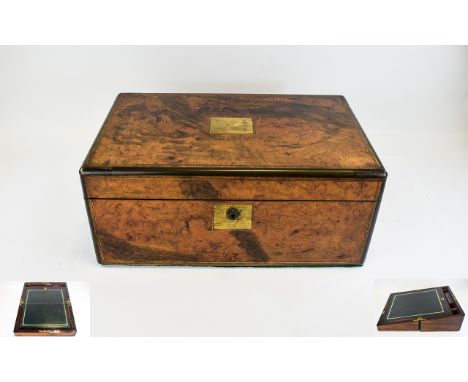 Victorian - Fine Burr Walnut Gentleman's Writing Slope with Fitted Interior with Original Tooled Leather Writing Insert, Pen 